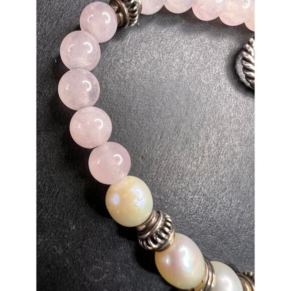 Vintage rose quartz pearls sterling silver breast cancer awareness bracelet - Picture 9 of 11